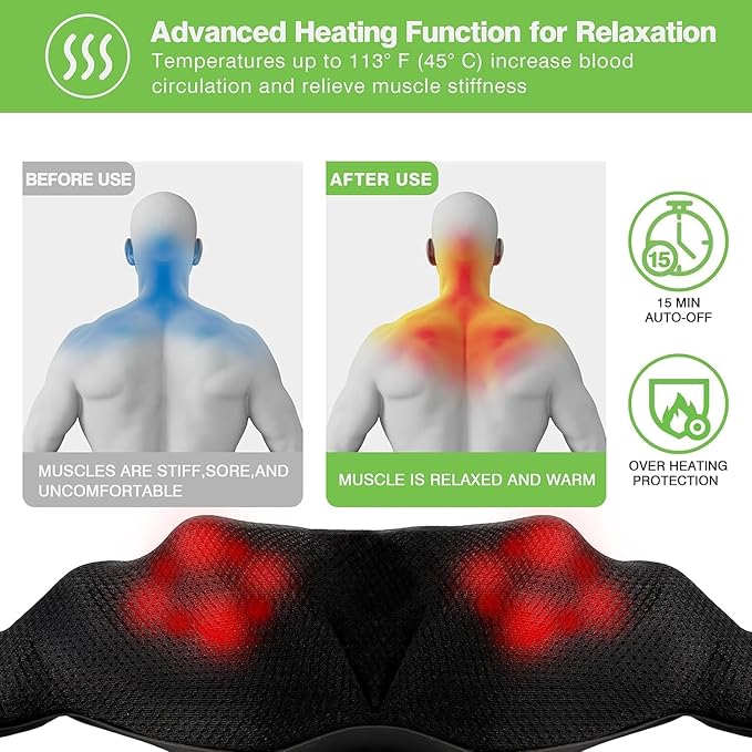 cotsoco Neck Massager, Shiatsu Shoulder Massager with Heat, Portable 3D Ergonomic Deep Tissue Shoulder and Back Massager for Pain Relief, Birthday and Christmas Gifts for Mom and Dad, Men and Women