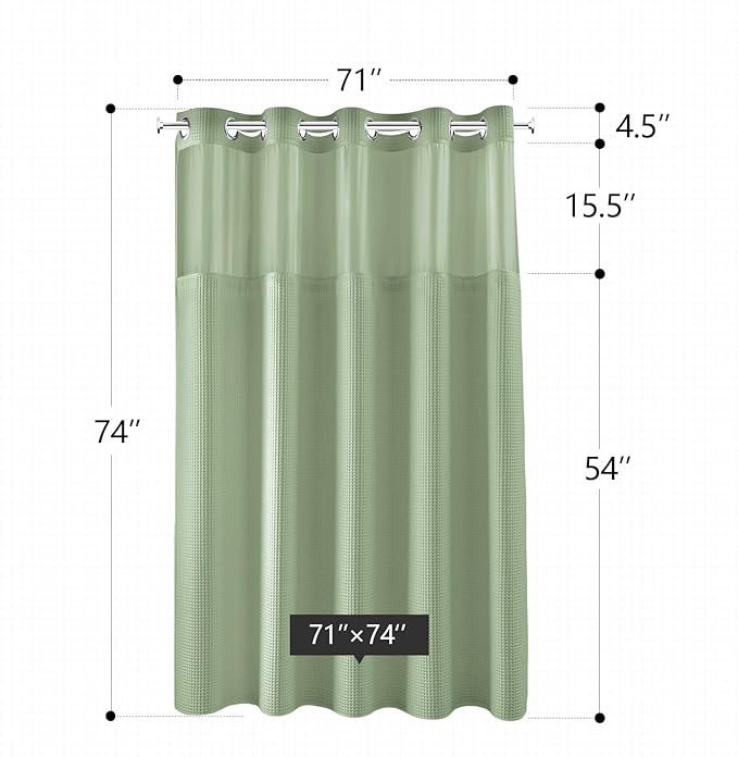 River Dream Sage Green Fabric Shower Curtain Set, Cotton Blend, Waffle Weave, with Snap in Replacement Liner，71 x 74 inches