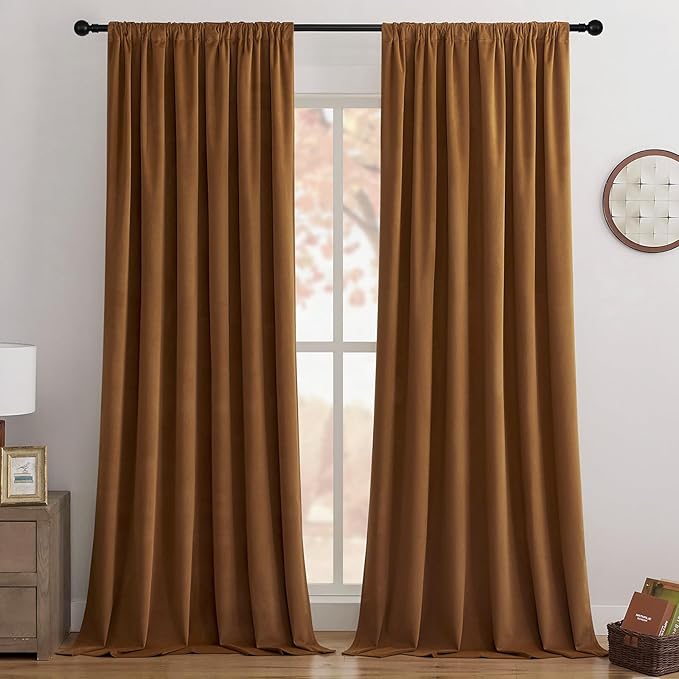 Joydeco Golden Brown 100% Blackout Curtains 72 Inch 2 Panels, Luxury Thermal Brown Velvet Curtains for Bedroom Living Room, Soundproof Blackout Window Drapes, Rod Pocket & Back Tab (52W x 72L)
