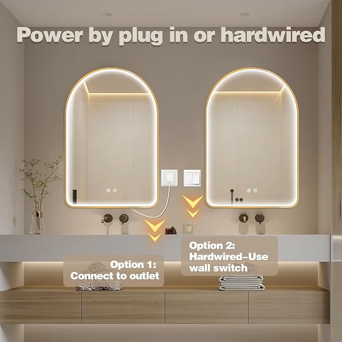 Niccy Arched LED Bathroom Mirror, 32"x20" Gold Framed Arch Wall Lighted Mirrors, Arching Frontlit Vanity-Mirror with Memory Function for Bathroom Bedroom, Defogger and 3 Color, Explosion-Proof