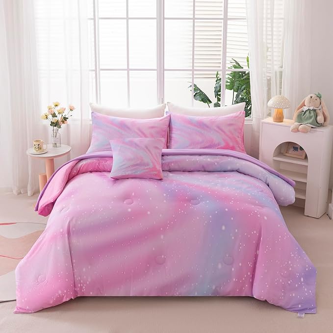 6Pcs Girls Comforter Sets Queen for Girls Kids, Gradient Colorful Rainbow Bedding Set Queen Bed in A Bag (1 Comforter, 1 Flat Sheet, 1 Fitted Sheet, 1 Cushion Cover, 2 Pillowcases)