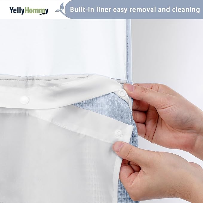 YellyHommy No Hook Shower Curtain with Snap in Liner Set Less Time Waffle Shower Curtain for Bathroom (Mist Blue, 81" L x 72" W)