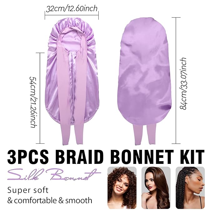 3Pcs Bonnets for Black Women Braid Bonnet, Large Long Satin Bonnet for Braids, Black Women Satin Silk Bonnet with Stretchy Tie Band Sleep Bonnet Cap for Long Curly Hair (Black&Silver Pattern&Purple)