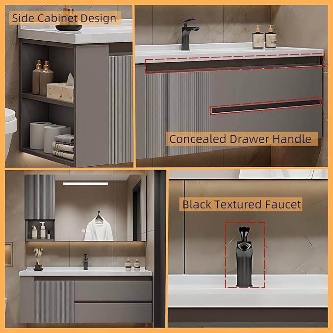 56IN Suspended Bathroom Cabinet Combo Set - Fully Functional LED Mirror with Smart Defogging & Time Display | Bathroom Vanity with Sink,Side Cabinet Storage Compartment (Style A)
