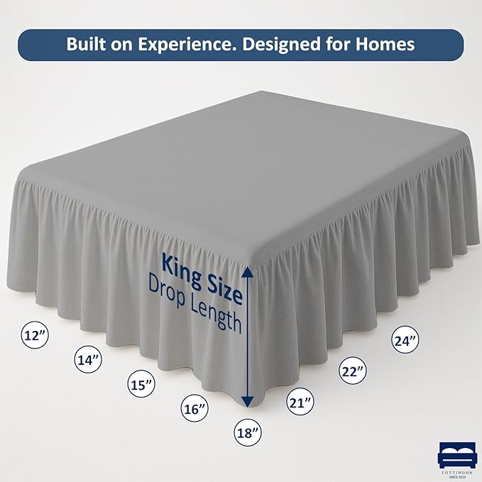 Ruffled Bed Skirt with Split Corners-Dust Ruffle - 24" Drop 100% Microfiber Soft,Sheen & Luxurious Look - Bed Skirts (Light Grey -King)