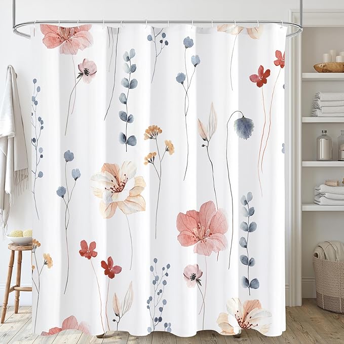 Gibelle Long Shower Curtain 72 x 78, Watercolor Floral Fabric Shower Curtain, Coral Beige Flower Decorative Bathroom Shower Curtain Set with Hooks