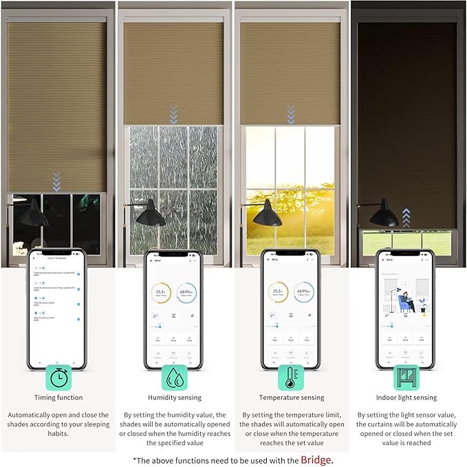 MYshade Motorized Cellular Shades - Smart Blinds Compatible with Alexa/Google Home/SmartThings, 100% Blackout Rechargeable Cordless Honeycomb Blinds, Custom-Size Auto Shades for Windows (Light Brown)