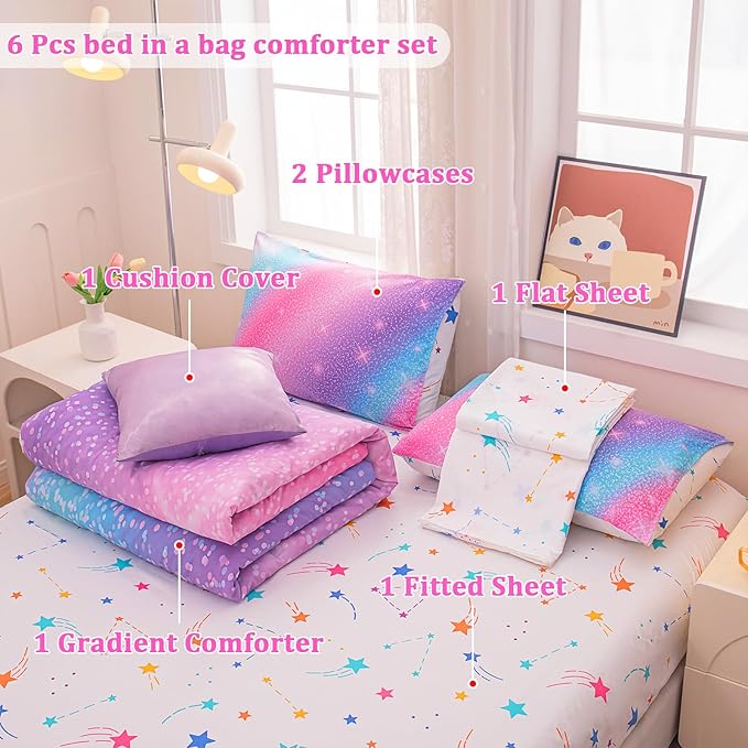 Rainbow Bedding Set Queen Size – 6-Piece Reversible Girls Comforter with Deep-Pocket Sheet, Gradient Galaxy Design, Whole-Piece Filling, Machine Washable Bed-in-a-Bag for Kids Room Makeover & Gifts