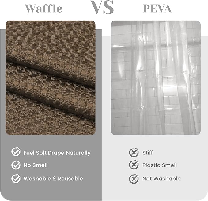 No Hook Shower Curtain with Snap in Liner Set Waffle Shower Curtain for Bathroom Hotel Style Fabric Waterproof Inner Liner，71" W x 74" H, Brown