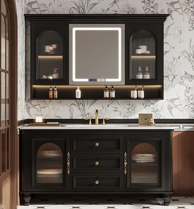 Freestanding Bathroom Vanity with Sink, Solid Wood Bathroom Vanity Set, Vintage Bathroom Vanities with Large Capacity Storage Cabinet and Open Shelf, Elegant Vanities (Black,44")