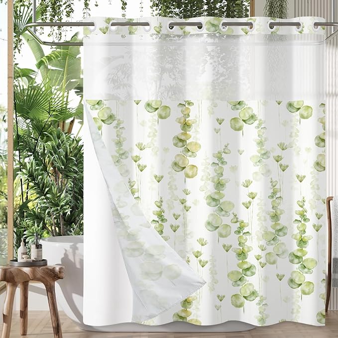 Green Leaves Shower Curtain No Hooks with Snap-in Fabric Liner Set,Spring Plant Vine Shower Curtain for Bathroom,Hotel Decor Waterproof Shower Curtains,with See Through Top Window,71W x 74H