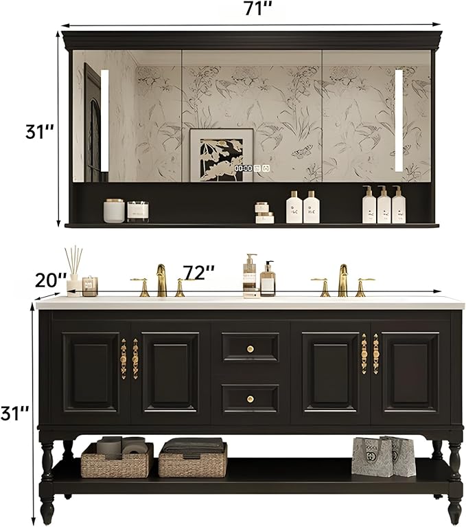 72" Double Bathroom Vanity with Sink,Freestanding Bathroom Vanity Large Storage Cabinet & Open Mirror Cabinet,4 Soft Closing Doors and 2 Drawers Solid Wood Luxury Bathroom Vanities Set,Black
