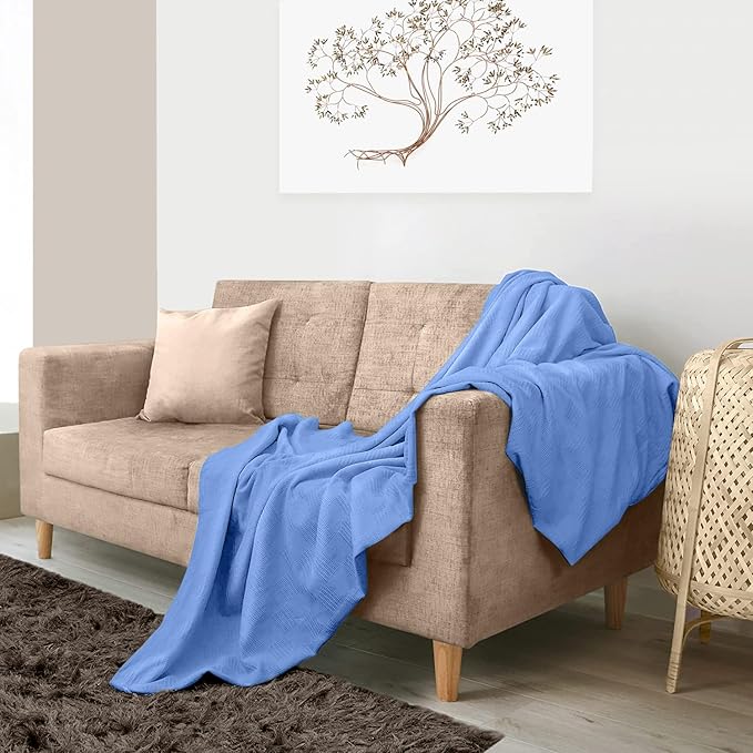 Avalon Bedding 100% Cotton Blankets Queen Size Thermal Blanket (90"x90") - Perfect Cotton Blanket Queen Size for Layering Bed in Any Season - Cotton Blankets for Bed (Blue)