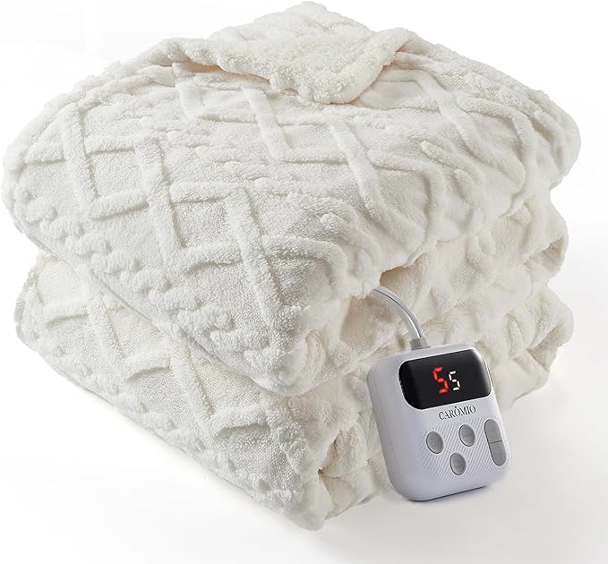 CAROMIO Electric Blanket Twin Size - Thick Tufted Sherpa Heated Blanket Twin with 10 Heating Levels and 10 Time Settings, ETL Certified Machine Washable Fast Heating Blanket Twin 62"×84", White