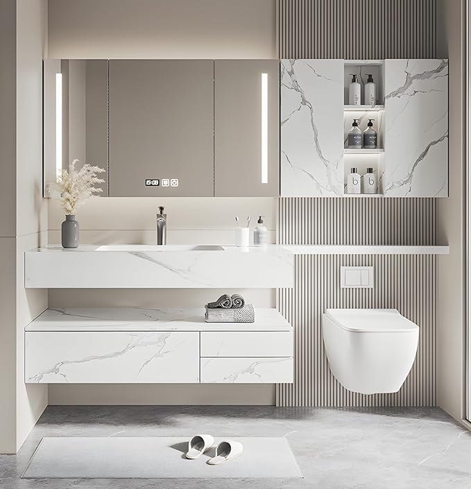 Floating Bathroom Vanity with Sink, Solid Wood Bathroom Vanity Set, Smart Defogging Mirror & Induction Side Cabinet & Large Storage - Elegant Bathroom Vanities (White,48IN)