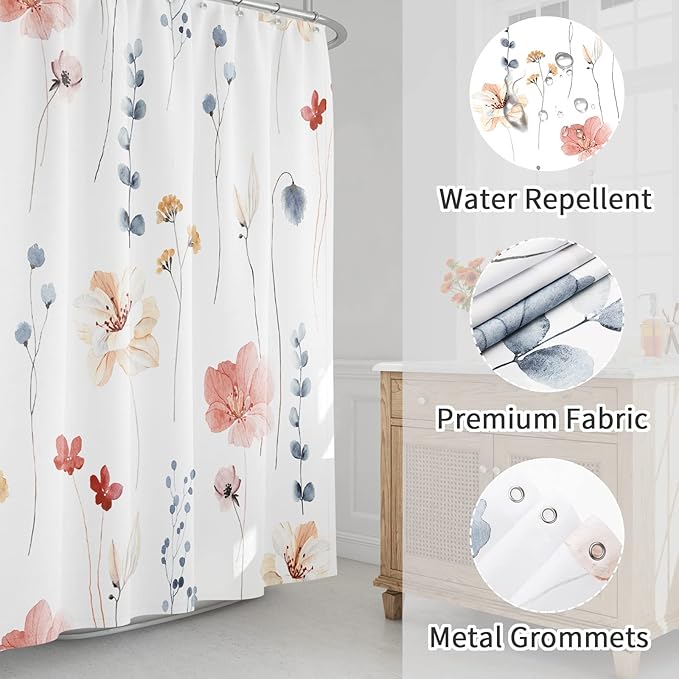 Gibelle Extra Long Shower Curtain 72 x 84, Watercolor Floral Fabric Shower Curtain, Coral Beige Flower Decorative Bathroom Shower Curtain Set with Hooks