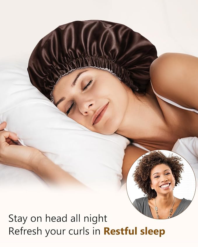 mikimini Satin Bonnet for Men and Women, Reversible Double Layer Sleeping Bonnet for Hair Braids with Anti-slip Adjustable Elastic Band Super Soft (XL, Black/silver)