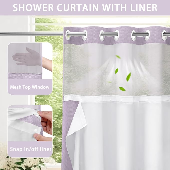 YellyHommy No Hook Shower Curtain with Snap in Liner Set Less Time Waffle Shower Curtain for Bathroom (Lavender, 81" L x 72" W)