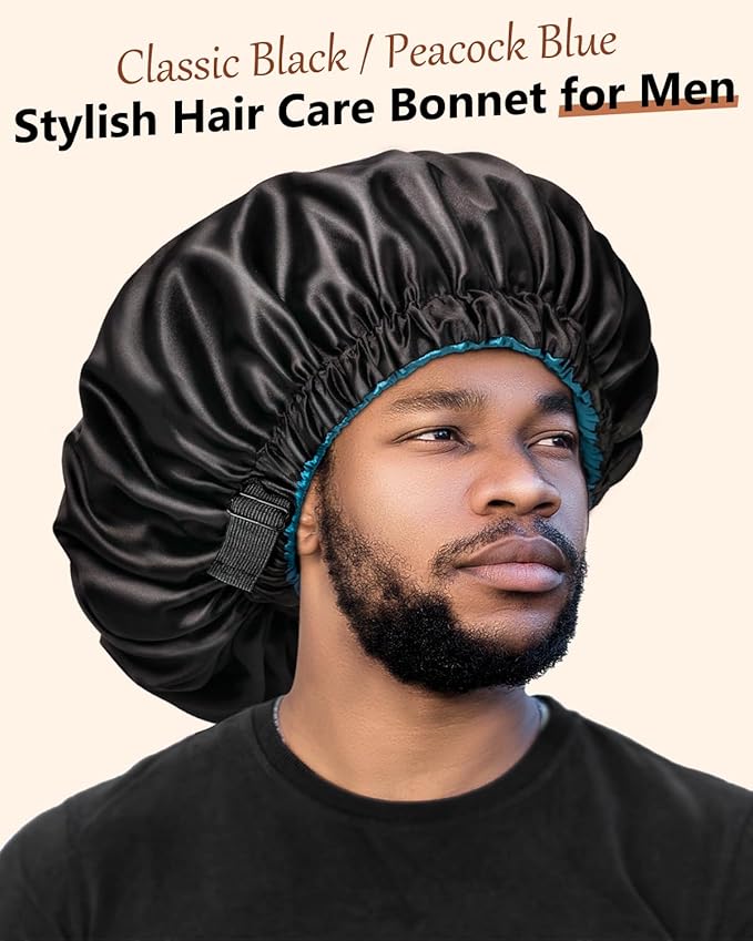 mikimini Satin Bonnet for Men and Women, Reversible Double Layer Sleeping Bonnet for Hair Braids with Anti-slip Adjustable Elastic Band Super Soft (XL, Black/Blue)