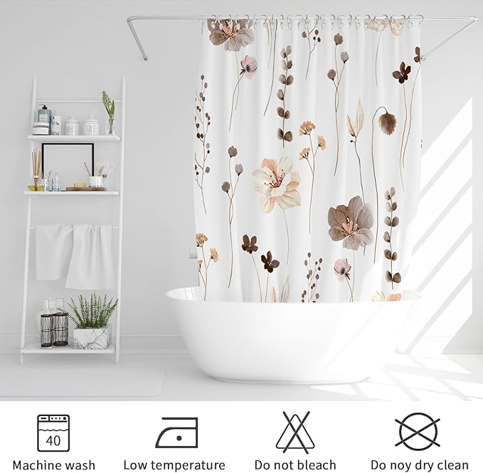 Gibelle Watercolor Floral Shower Curtain, Brown Beige Flower Shower Curtain for Bathroom, Modern Minimalist Waterproof Fabric Shower Curtain Set with Hooks 72x72 Inch
