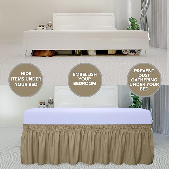 PureFit Wrap Around Ruffled Bed Skirt with Adjustable Elastic Belt - 14 Inch Drop Easy to Put On, Wrinkle Free Bedskirt Dust Ruffles, Bed Frame Cover for Twin, Twin XL and Full Size Beds, Camel