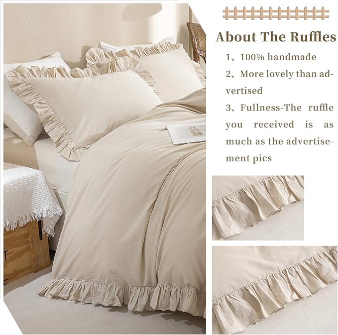 QSH Washed Cotton Duvet Cover King Ruffle Duvet Cover Linen Feel Textured Farmhouse Shabby Vintage Chic Bedding Comforter Cover 3 Pieces Aesthetic Elegant King Bedding