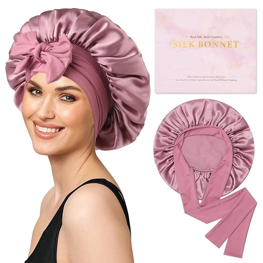 AWAYTR Mulberry Silk Bonnet for Sleeping - Silk Sleep Bonnet with Tie Band for Curly Hair Men and Women (Rose Gold)
