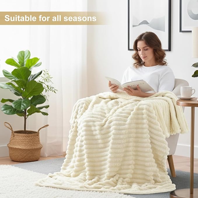 decorUhome Christmas Soft Fleece Beige Blanket King Size for Bed, Cozy Fluffy Plush Flannel Large Striped Throws for Couch Sofa, Lightweight Decorative Fuzzy Blanket for Woman, 108x90 Inches