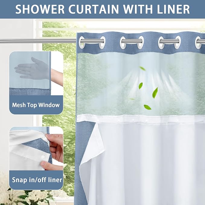 YellyHommy No Hook Shower Curtain with Snap in Liner Set Less Waffle Shower Curtain for Bathroom (Sky Blue, 81" L x 72" W)