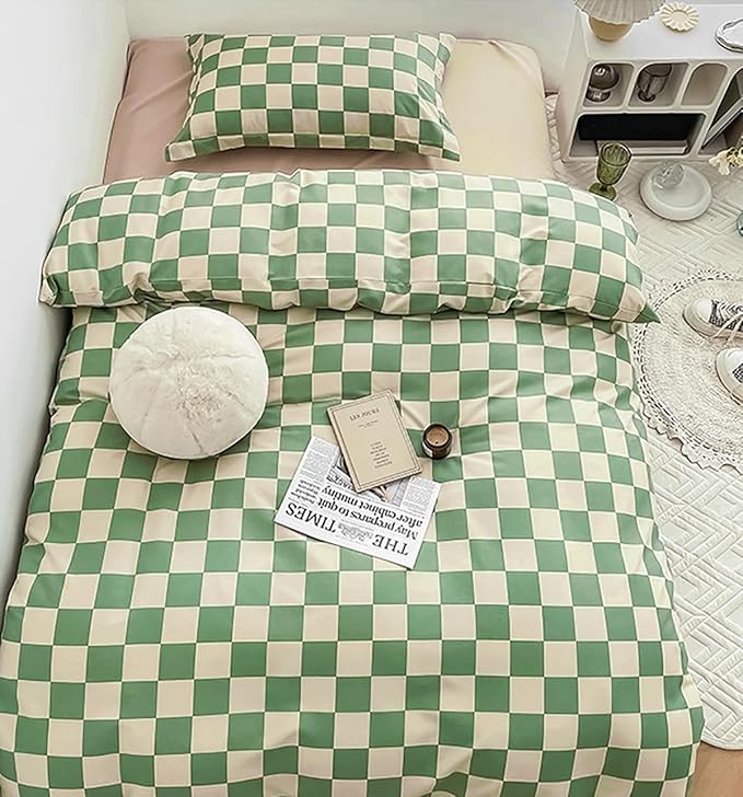 KAREVER Green White Grid Comforter Set Twin Sage Green Plaid Bedding Set Girls Light Green White Checkered Bed Set Breathable Blanket Set Kids Durable Bedding Comforter Set