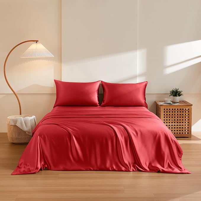 THXSILK 100% Pure Mulberry Silk Duvet Cover Set 3 Piece, 6A+ Grade Luxury Soft Bedding Silk Sheets for Hair and Skin, 1 Pcs Duvet/Quilt/Comforter Cover with 2 Zippered Pillowcases (Red, Full)