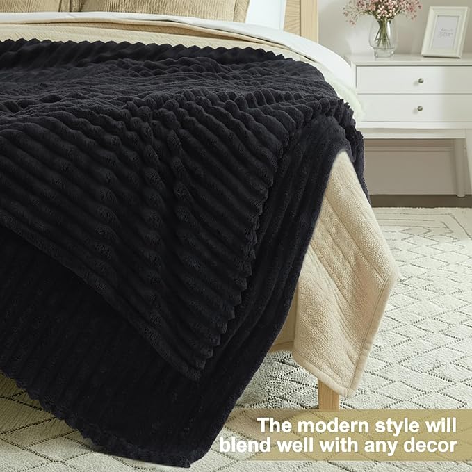 decorUhome Christmas Soft Fleece Black Throw Blanket for Couch, Cozy Fluffy Plush Flannel Striped Blanket for Sofa Bed, Lightweight Decorative Ribbed Fuzzy Blanket for Woman, 50x60 Inches