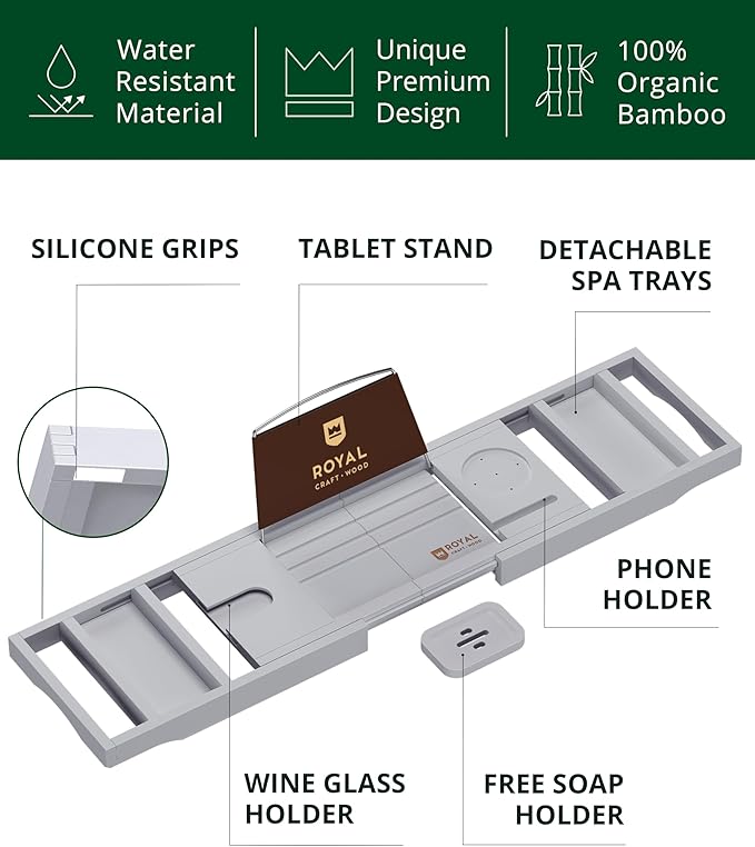 ROYAL CRAFT WOOD Premium Foldable Bathtub Tray - Expandable Bath Tray for Tub - Luxury Bathtub & Bathroom Accessories