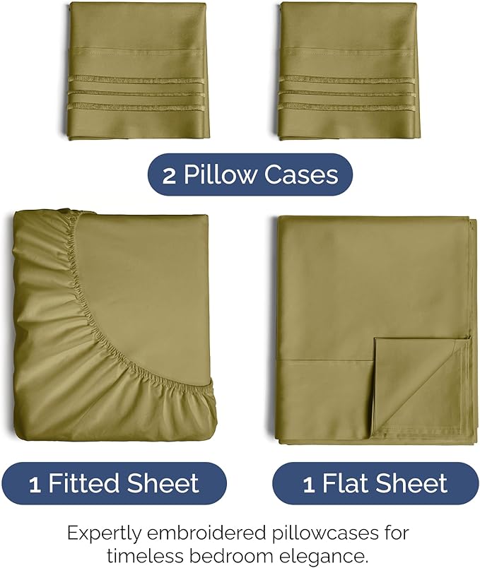 Full Size 4 Piece Sheet Set - Extra Soft, Breathable & Cooling Sheets - Hotel Luxury Durable Bed Sheets for Women & Men - Deep Pockets, Easy-Fit & Wrinkle-Free Sheets - Olive Yellow Oeko-Tex Sheets