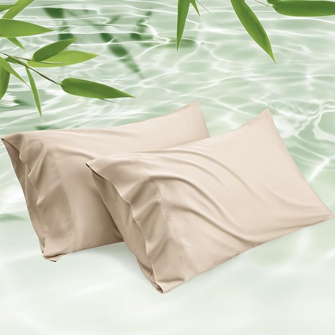 Bedsure Pillow Cases Standard Size, Cooling Pillow Cases, Rayon Derived from Bamboo Beige Pillowcases Standard Set of 2, Breathable & Soft Bedding Pillow Covers with Envelope Closure, 20x26 Inches