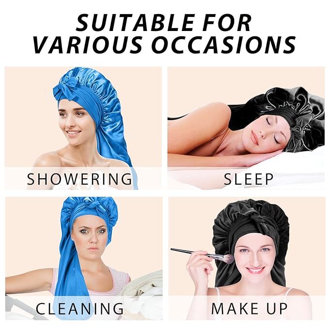 2Pcs Bonnets for Black Women Braid Bonnet, Large Long Satin Bonnet for Braids, Silk Bonnet with Stretchy Tie Band Sleep Cap Hair (2Pcs-Black&Blue)