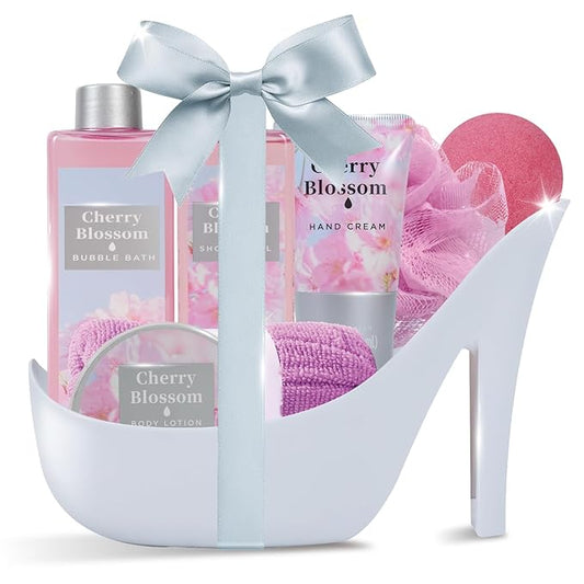 Cherry Blossom Christmas Gifts for Women Spa Basket, High Heel Bath Set with Shower Gel & Bath Bombs, Mother's Day Birthday, Anniversary Gifts for Mom, Sister, Bestie