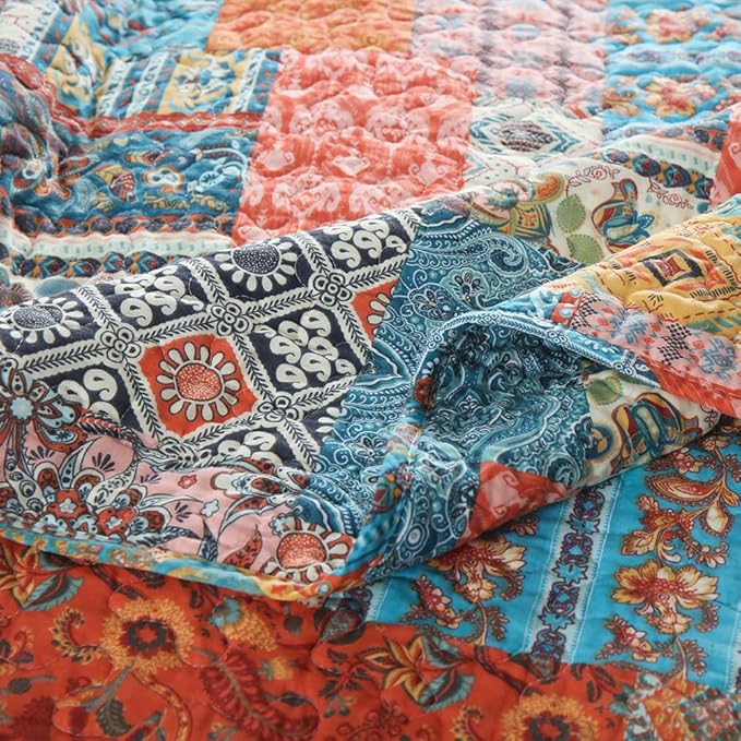 ENASAL Cotton Bedspread Quilt Bedding Sets Reversible Coverlet Comforters Vintage Bohemian Patchwork Pattern Bedspread for All Season, King Size