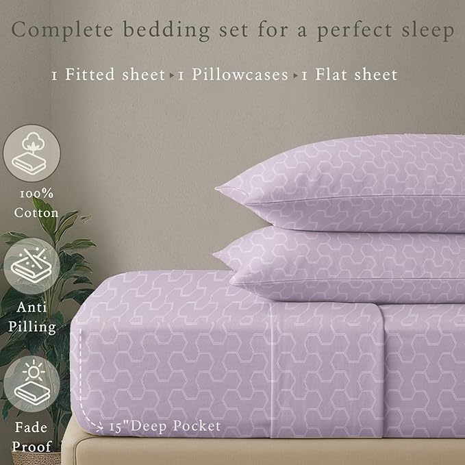 Threadmill Cotton Twin Sheet Set | 500TC 100% Cotton Sheets for Twin Size Bed | Damask Jacquard Sateen Twin Bed Sheets Set with 15” Deep Pocket | Soft Breathable 3-Piece Cooling Sheet Set | Lilac