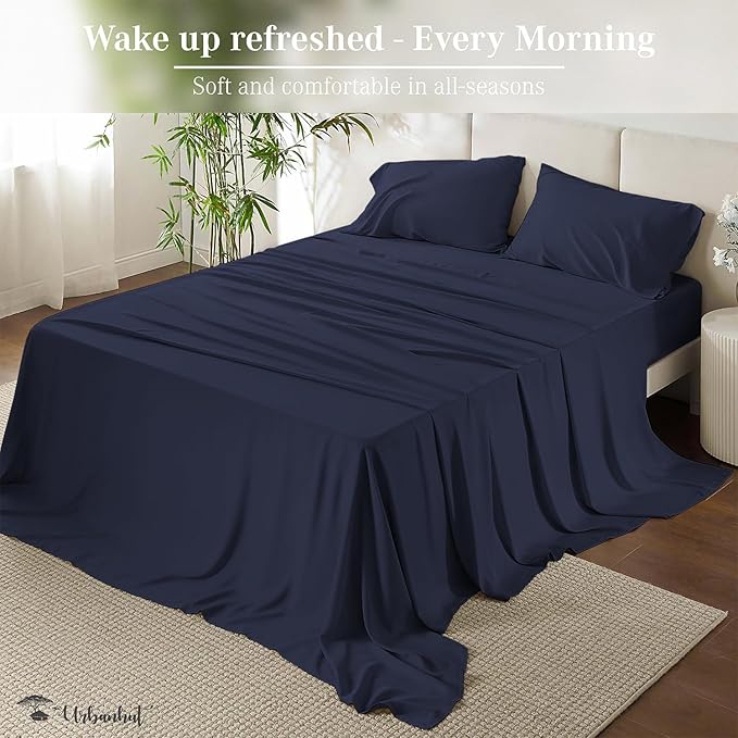 URBANHUT 700 Thread Count California King Size Egyptian Cotton Sheets, 4Pc Sheet Set Soft Luxury Bed Sheets for Cal King Size Bed, Sateen Weave Hotel Sheets, 16'' Elasticized Deep Pocket - Navy Blue