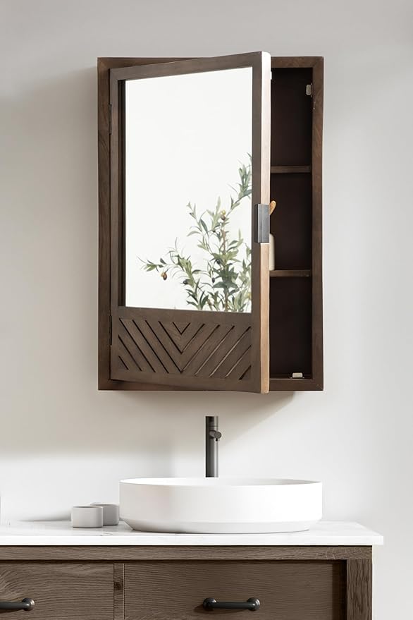 Kate and Laurel Mezzeta Decorative Modern Rectangle Bathroom Cabinet with Mirror, 20 x 5 x 30, Brown, Wooden Bathroom Mirror with Storage for Bath Medicine Cabinet or Over-The-Toilet Storage Cabinet