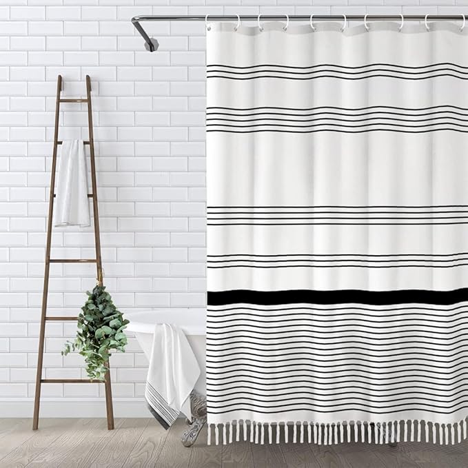Awellife Black and White Boho Shower Curtain for Bathroom Stripe Tassel Shower Curtain Farmhouse Cotton 72" L x 60" W