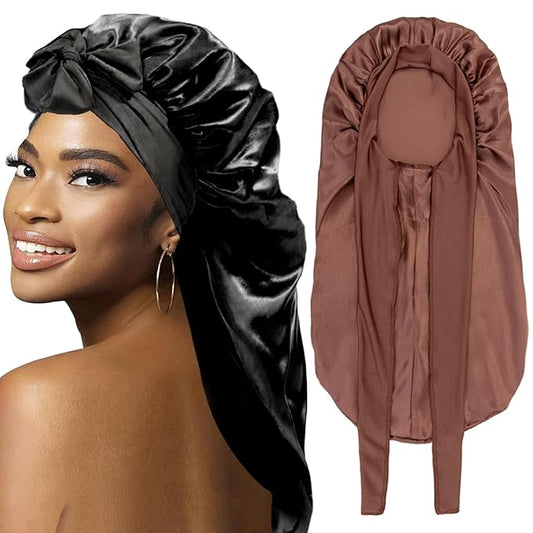 2Pcs Bonnets for Black Women Braid Bonnet, Large Long Satin Bonnet for Braids, Silk Bonnet with Stretchy Tie Band Sleep Cap Hair (2Pcs-Black&Brown)