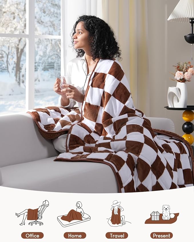 Checkerboard Weighted Blanket Queen Size 15 lbs for Adults, Fluffy Sherpa Luxurious Flannel Heavy Weighted Blankets for Bed Couch Sofa, Ultra Soft Cozy Bed Blanket, Plaid Khaki, 60" x 80"