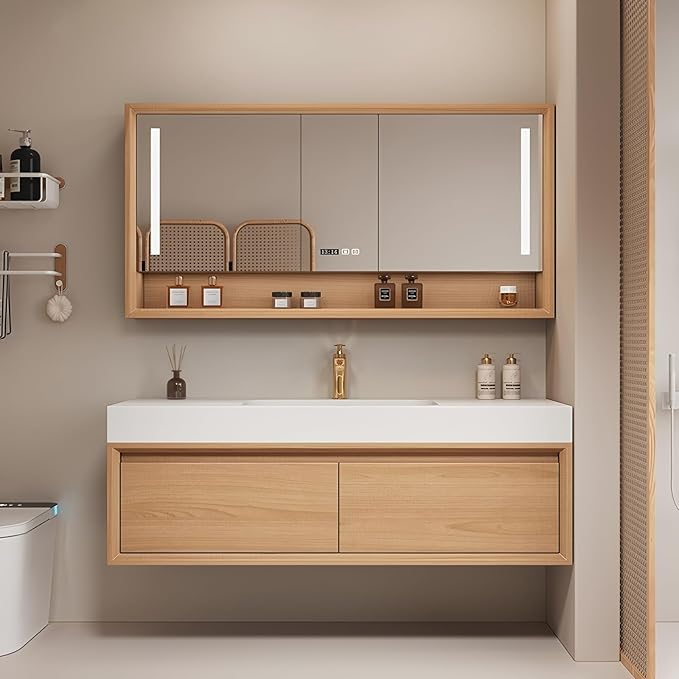 Single Sink Bathroom Vanity, 32Inch Modern Bathroom Vanity Set Includes LED Smart Defogging Mirror Cabinet and Open Shelf, Floating Vanities with One Piece Sink and Drawers Storage(Original Wood )