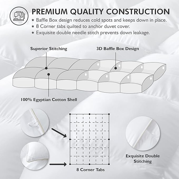 Luxurious Oversize California King 108" x 98" Size Goose Down Fiber Waterfowl Feather Fiber Comforter Duvet, 100% Egyptian Cotton Cover, 68 oz. Fill Weight, Baffle Box Design, White Solid