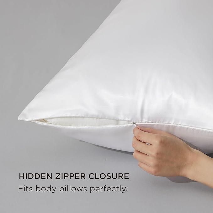 Bedsure Satin Body Pillow Pillowcase, Similar to Silk Body Pillow Cover with Zipper, Soft & Breathable Long Pillow Case, Cooling & Silky Long Pillowcase for Hair and Skin, Gifts, White, 20x54 Inches