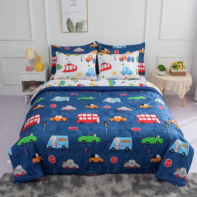 Wajade Cartoon Cars Comforter Set Bed in A Bag Full Size Colorful Cars Bus Van Traffic Lights Bedding Set for Boys Kids (1 Comforter, 1 Flat Sheet, 1 Fitted Sheet, 2 Pillowcase and 2 Pillow Sham)
