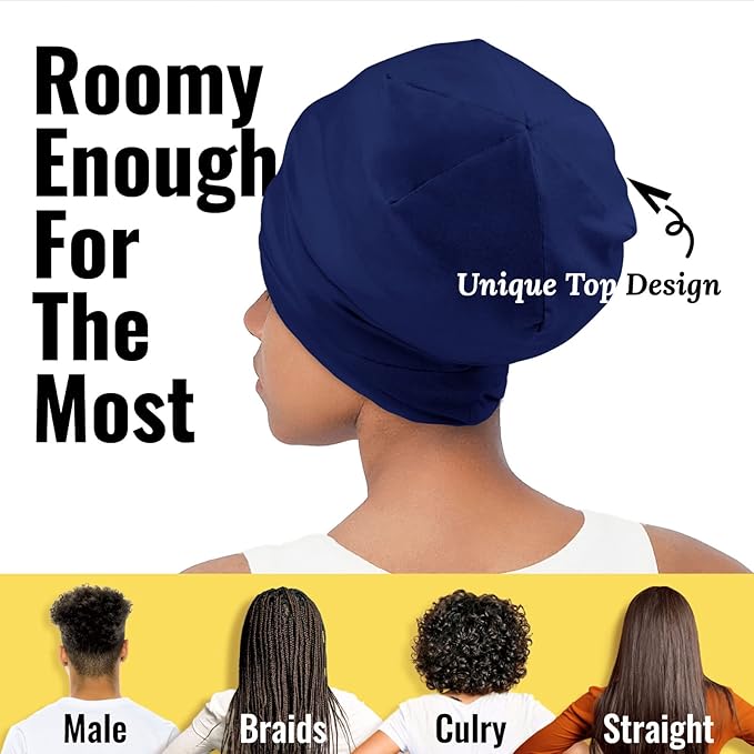Satin Lined Sleep Cap Bonnet for Curly Hair and Braids, Stay On All Night Hair Wrap with Adjustable Strap for Women and Men, Navy Blue, Pack of 1