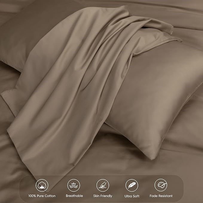 MooMee Duvet Cover Set 100% Extra Long Staple Cotton 600 Thread Count Silky Sateen Smooth Luxury Soft Breathable Durable Hotel Quality Bedding, 3 Pieces (Mocha Brown, Queen 90"x90")